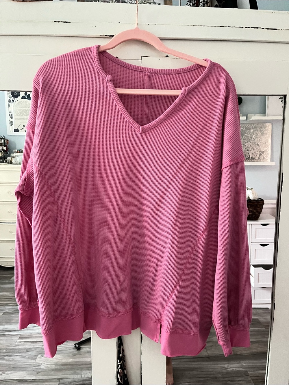 Pink Waffle Knit V-Neck Pullover